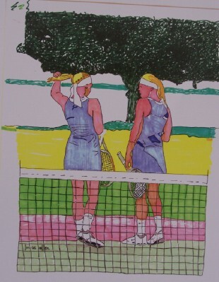 Two blonde people in tennis clothes on a tennis court holding rackets